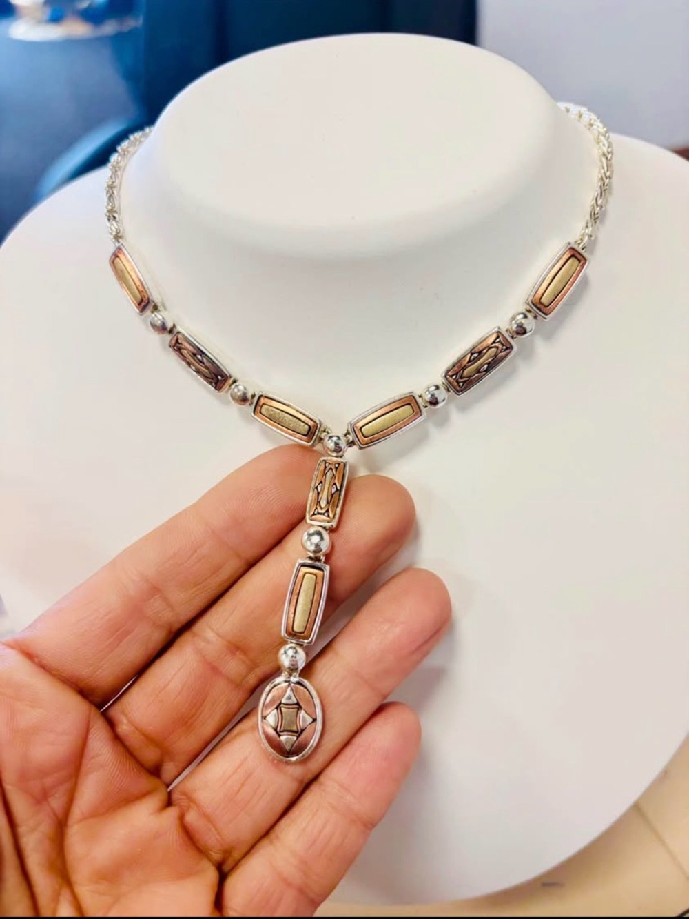 Silver Colored Two-Tone Pendant Necklace - Gold Accent